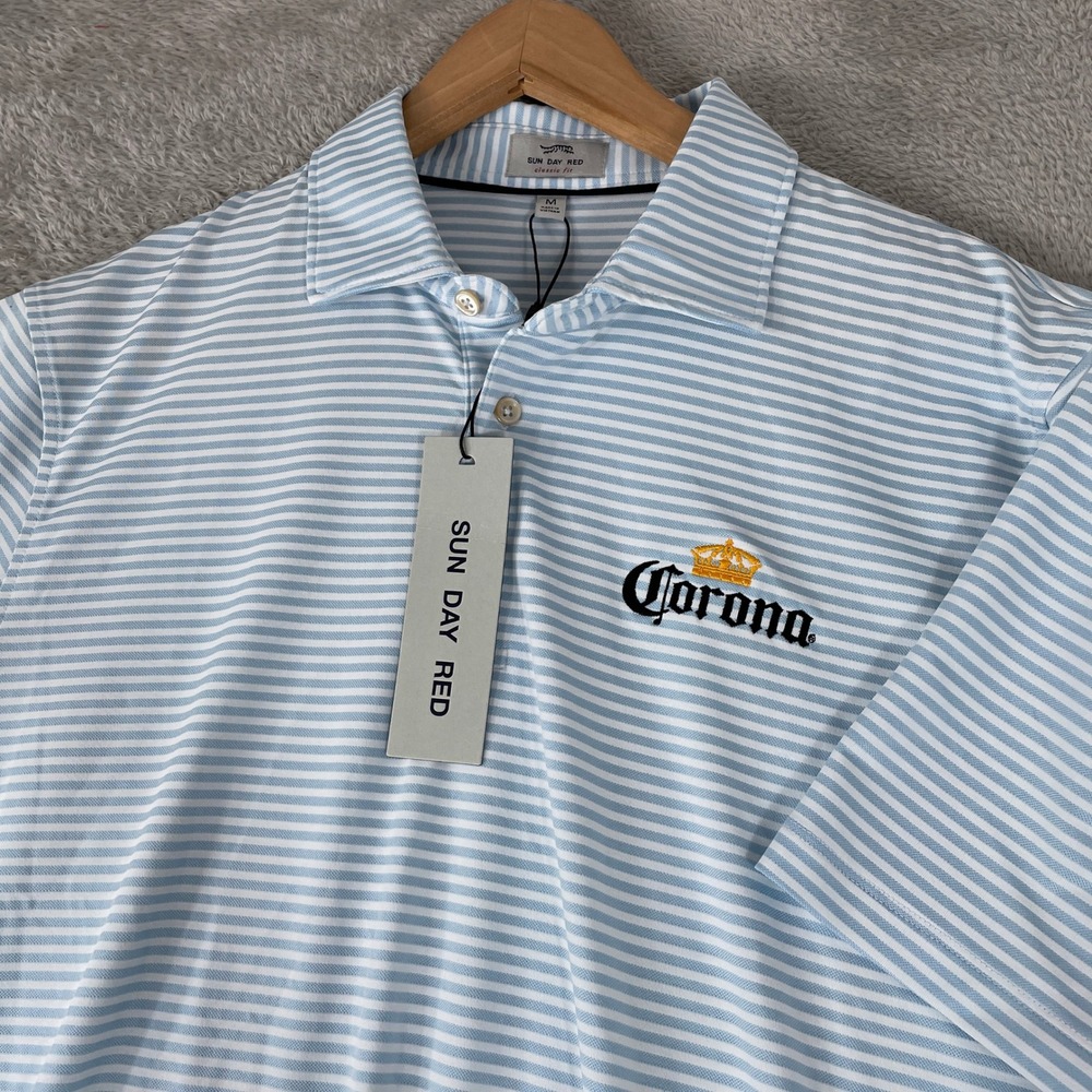 Sun Day Red Polo Shirt Mens Medium Blue Pioneer Stripe II Golf Tiger Corona Beer
